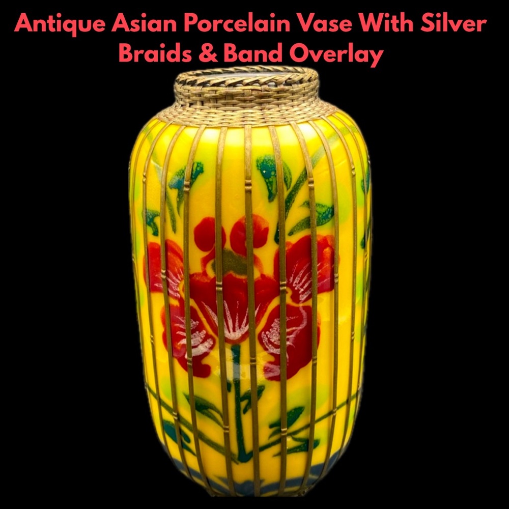 Antique Asian Porcelain Vase With Sterling Silver Braids & Band Overlay